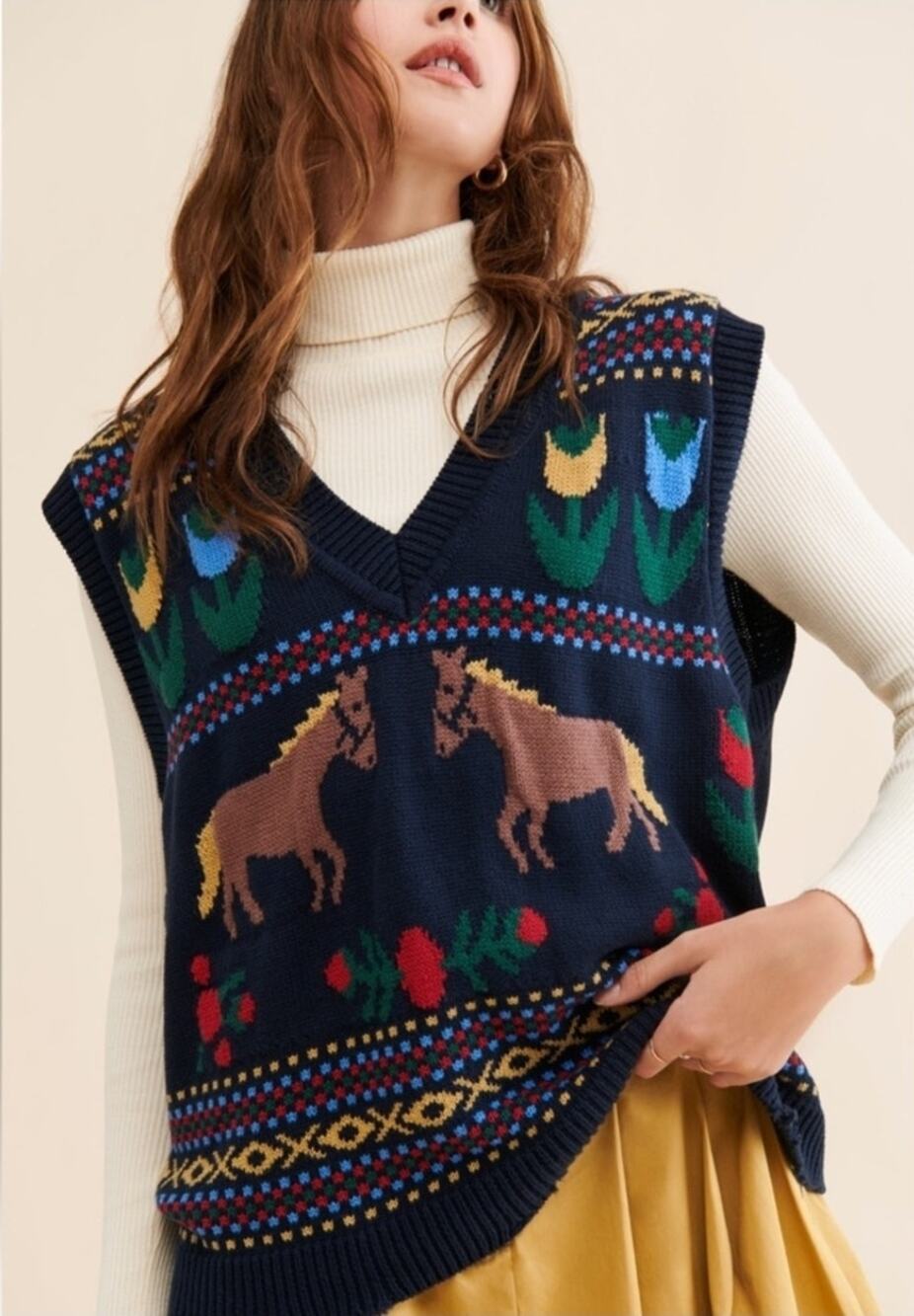 Free People X Found oversized Horse Isles distressed blue knit vest size medium
